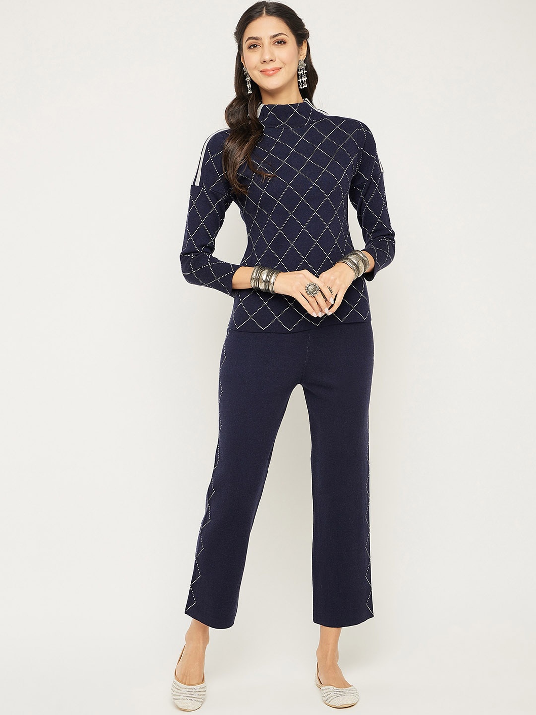 

Zigo Geometric Printed High Neck Top With Trousers Co-Ords, Navy blue