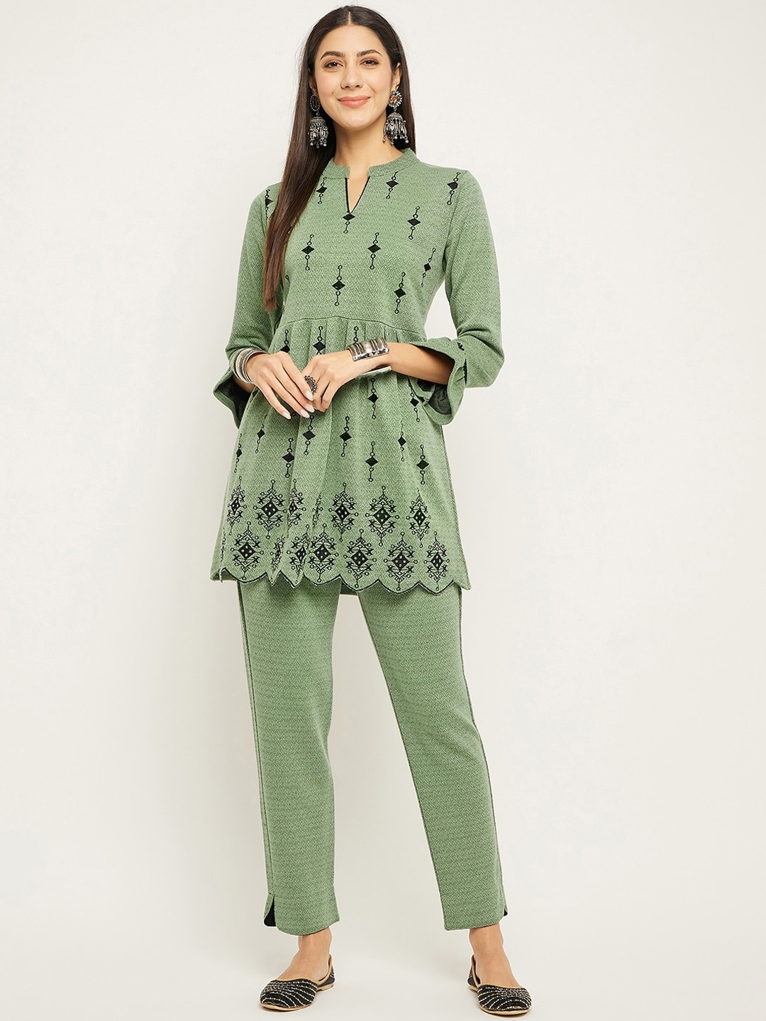 

Zigo Embroidered Mandarin Collar Top & Trousers Co-Ord, Sea green