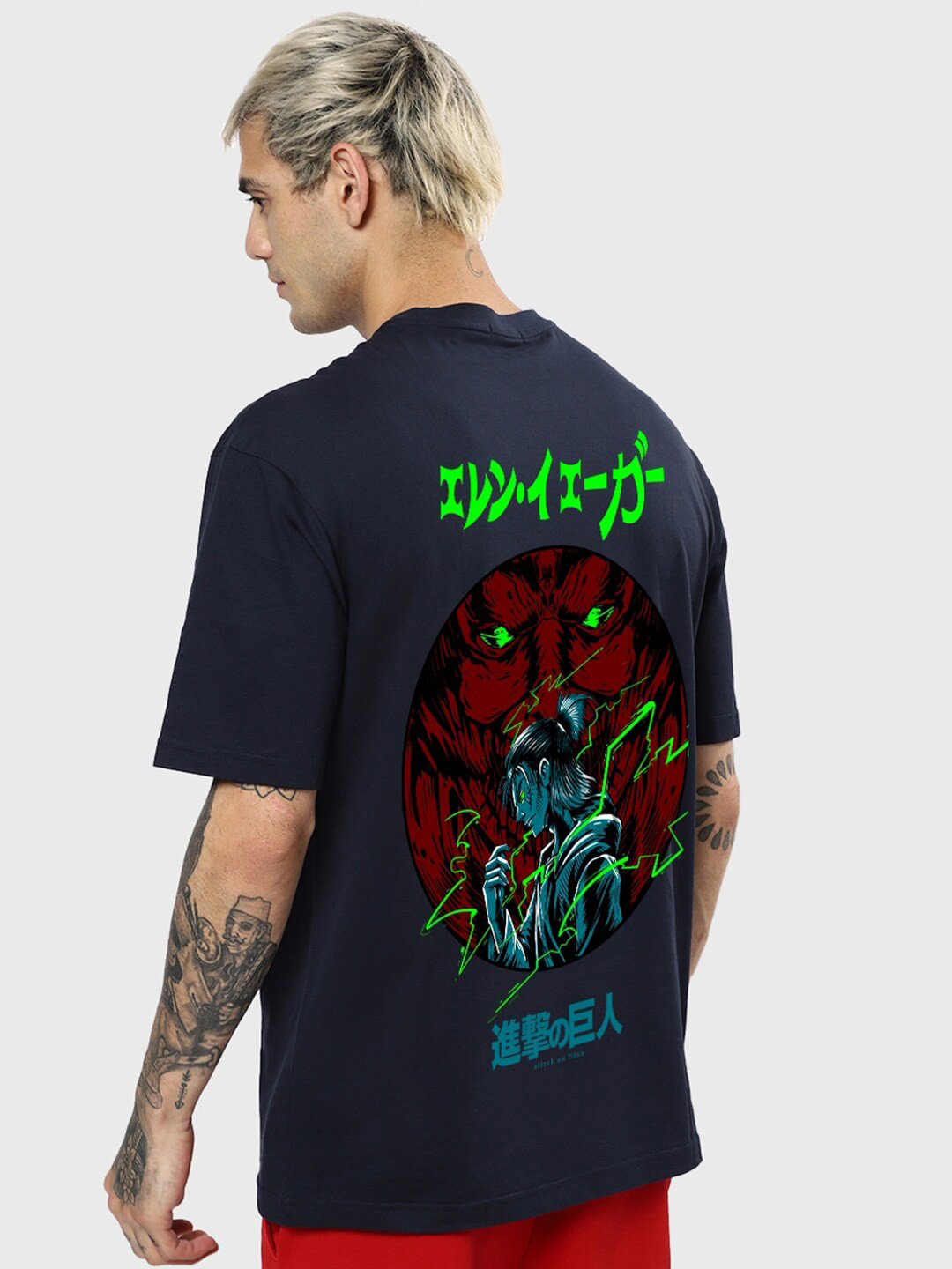 

Bewakoof Yeagerist Printed Drop-Shoulder Sleeves Oversized Cotton T-shirt, Navy blue