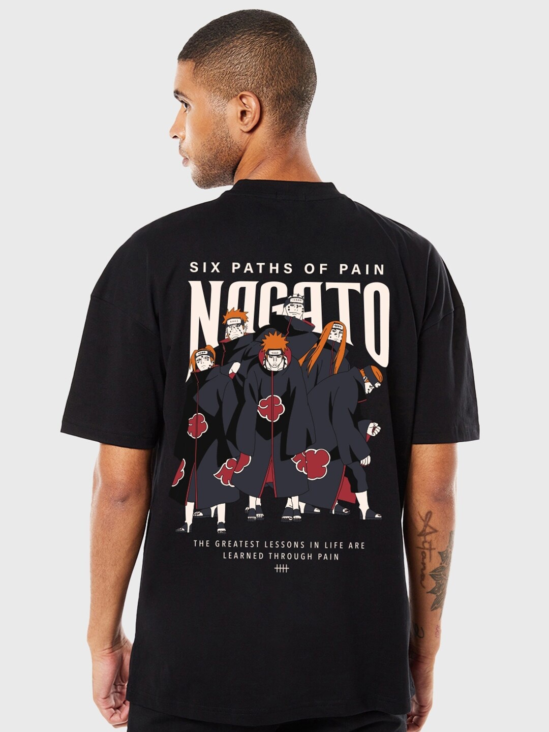 

Bewakoof Nagato Graphic Printed Drop-Shoulder Sleeves Oversized Cotton T-shirt, Black
