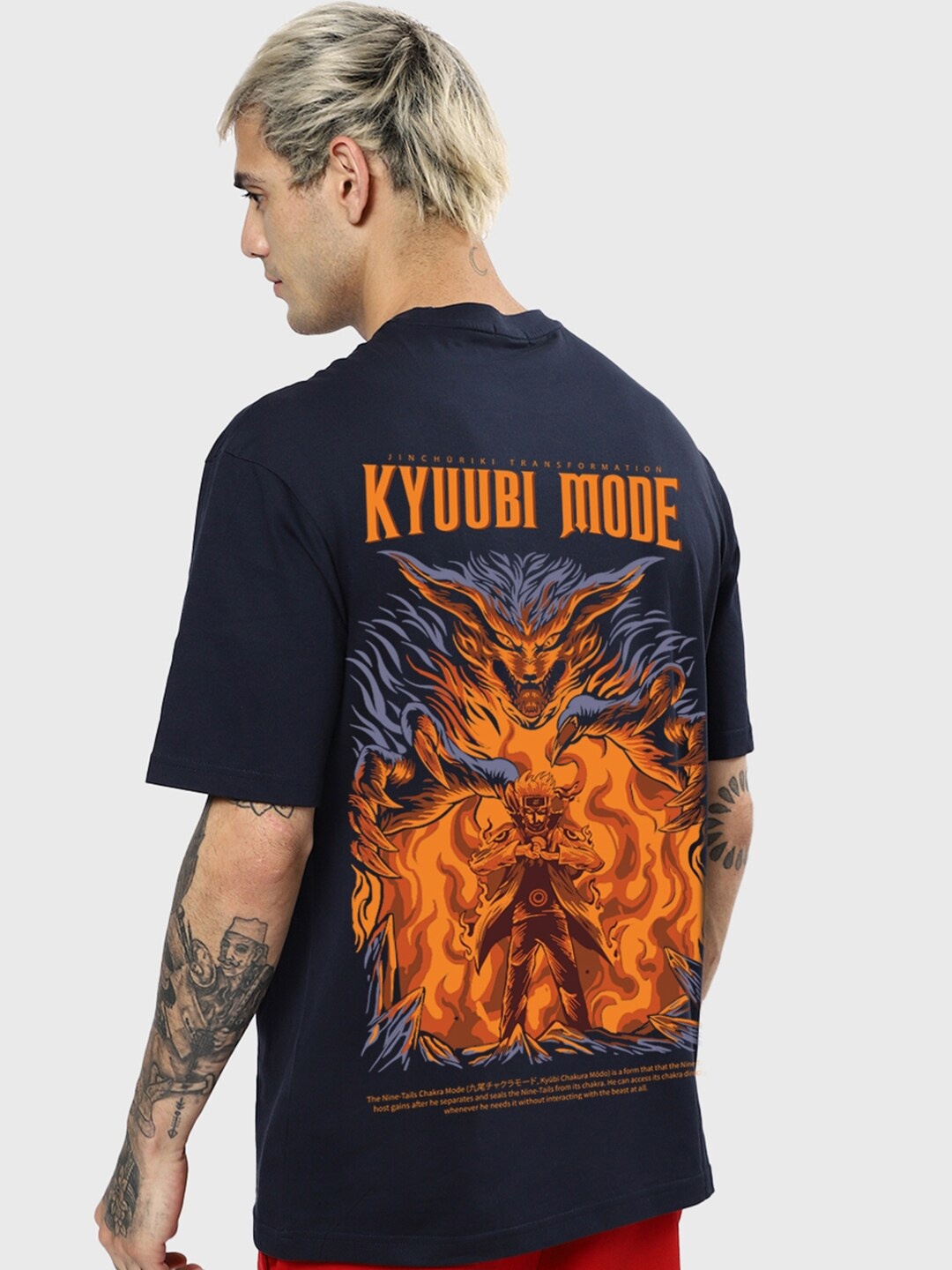 

Bewakoof Kyuubi Mode Printed Drop-Shoulder Sleeves Oversized Cotton T-shirt, Navy blue