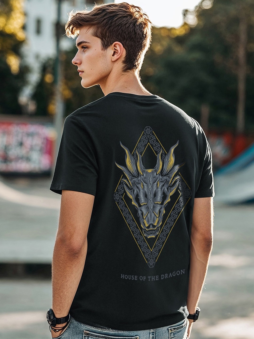 

Bewakoof House of the Dragon Graphic Printed Cotton T-Shirt, Black
