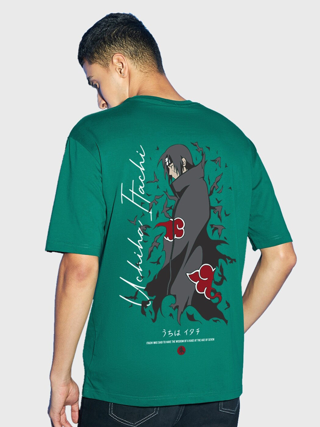 

Bewakoof Uchiha's Nightmare Printed Drop-Shoulder Sleeves Oversized Cotton T-shirt, Green