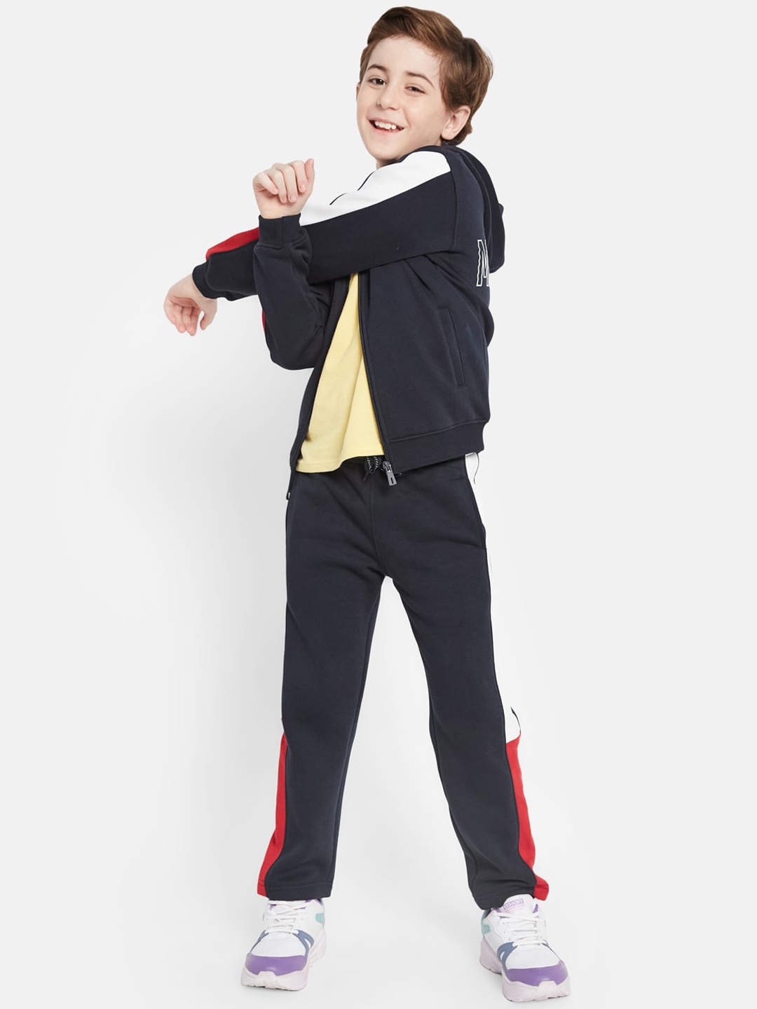 

Octave Boys Typography Printed Hooded Sports Tracksuit, Navy blue
