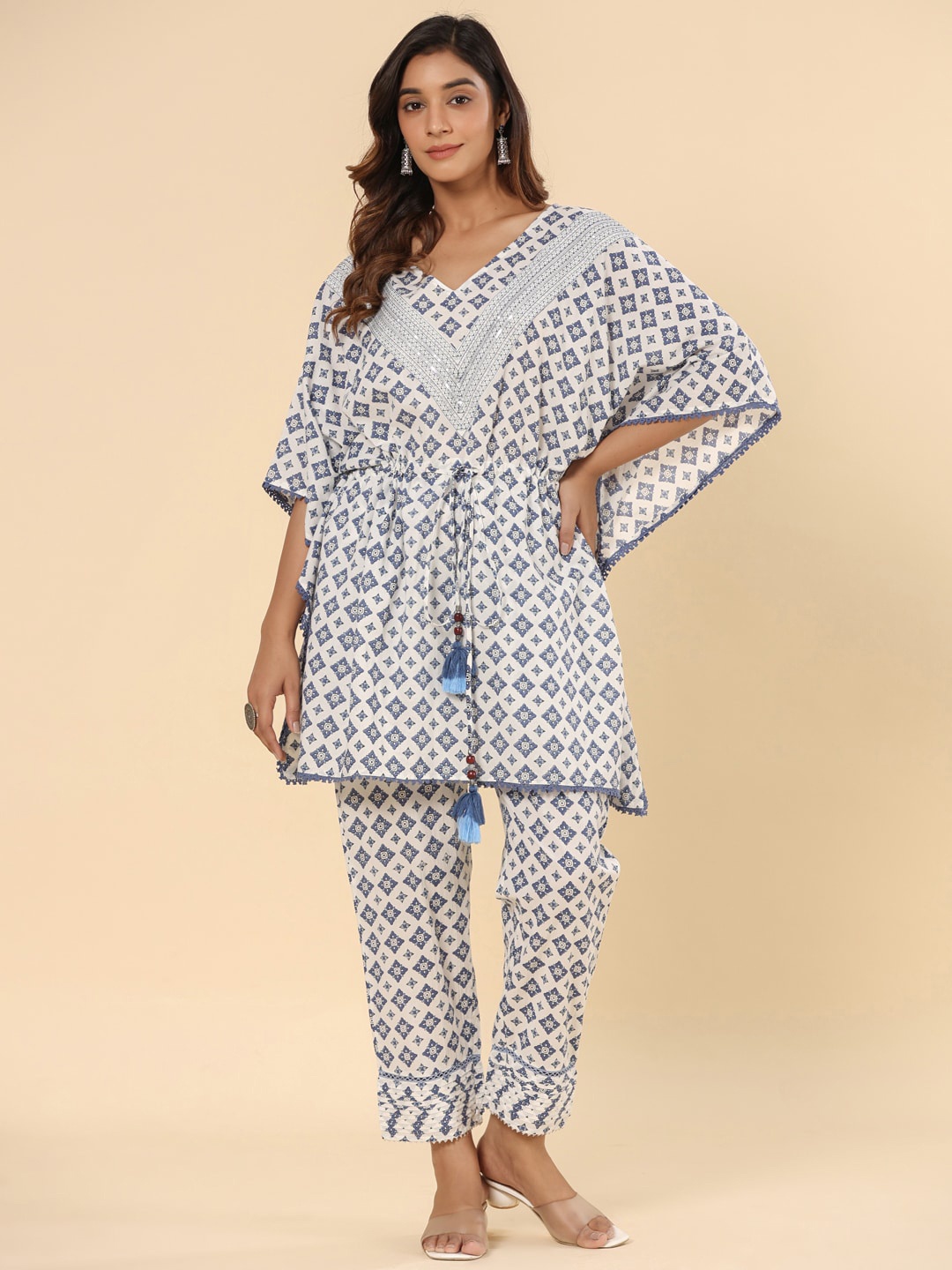 

SAVI Ethnic Motifs Printed Pure Cotton Kaftan Kurta With Trousers, White