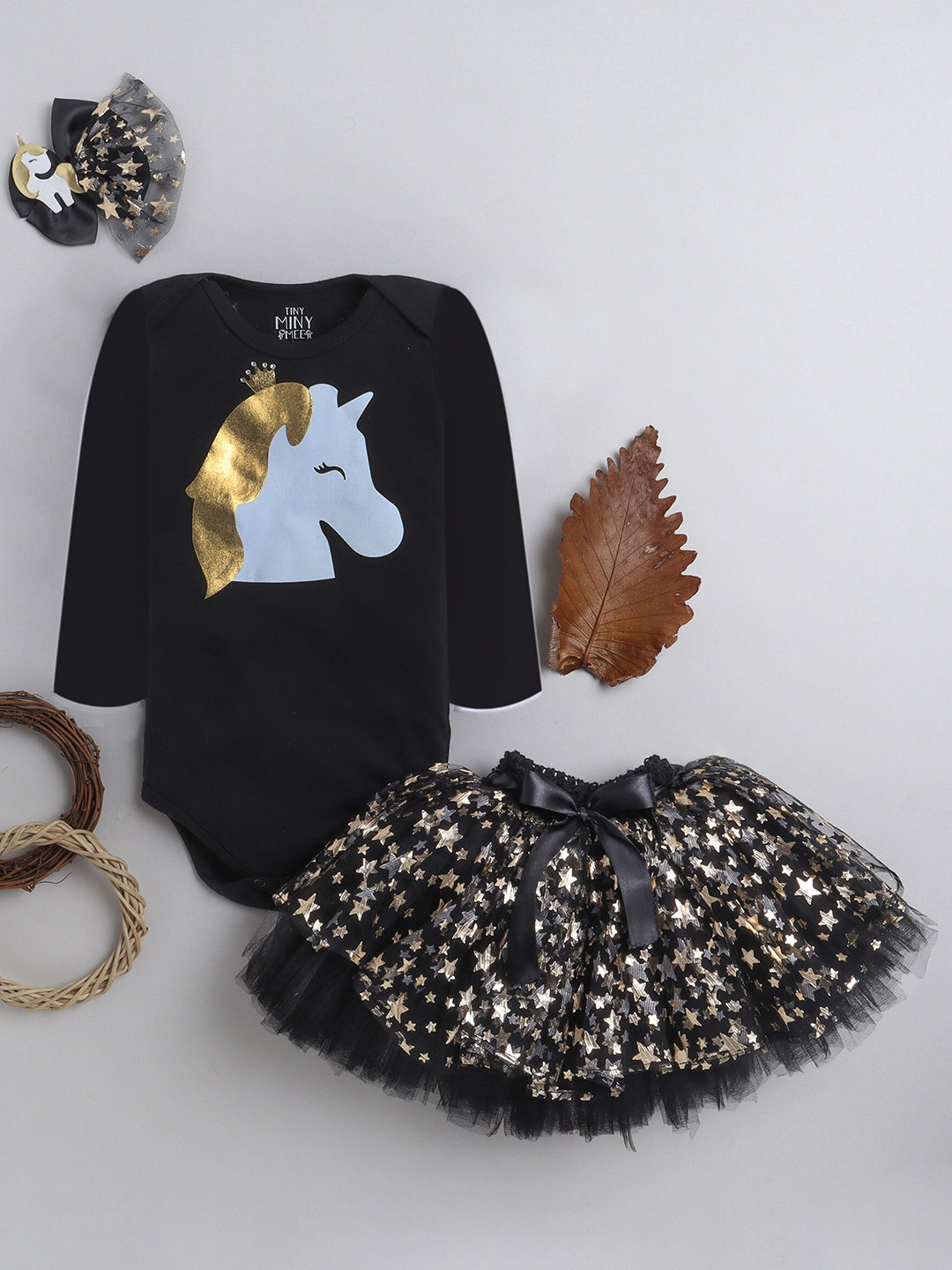 

TINY MINY ME Infant Girls Printed Body Suit Style Top With Embellished Skirt And Bow, Black