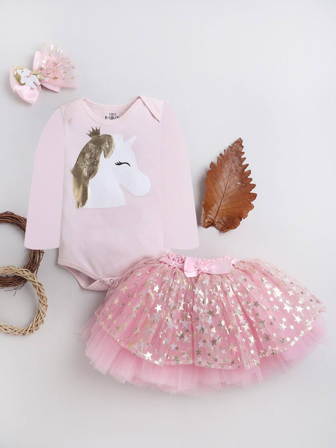 

TINY MINY ME Infant Girls Printed Body Suit Style Top With Embellished Skirt And Bow, Pink