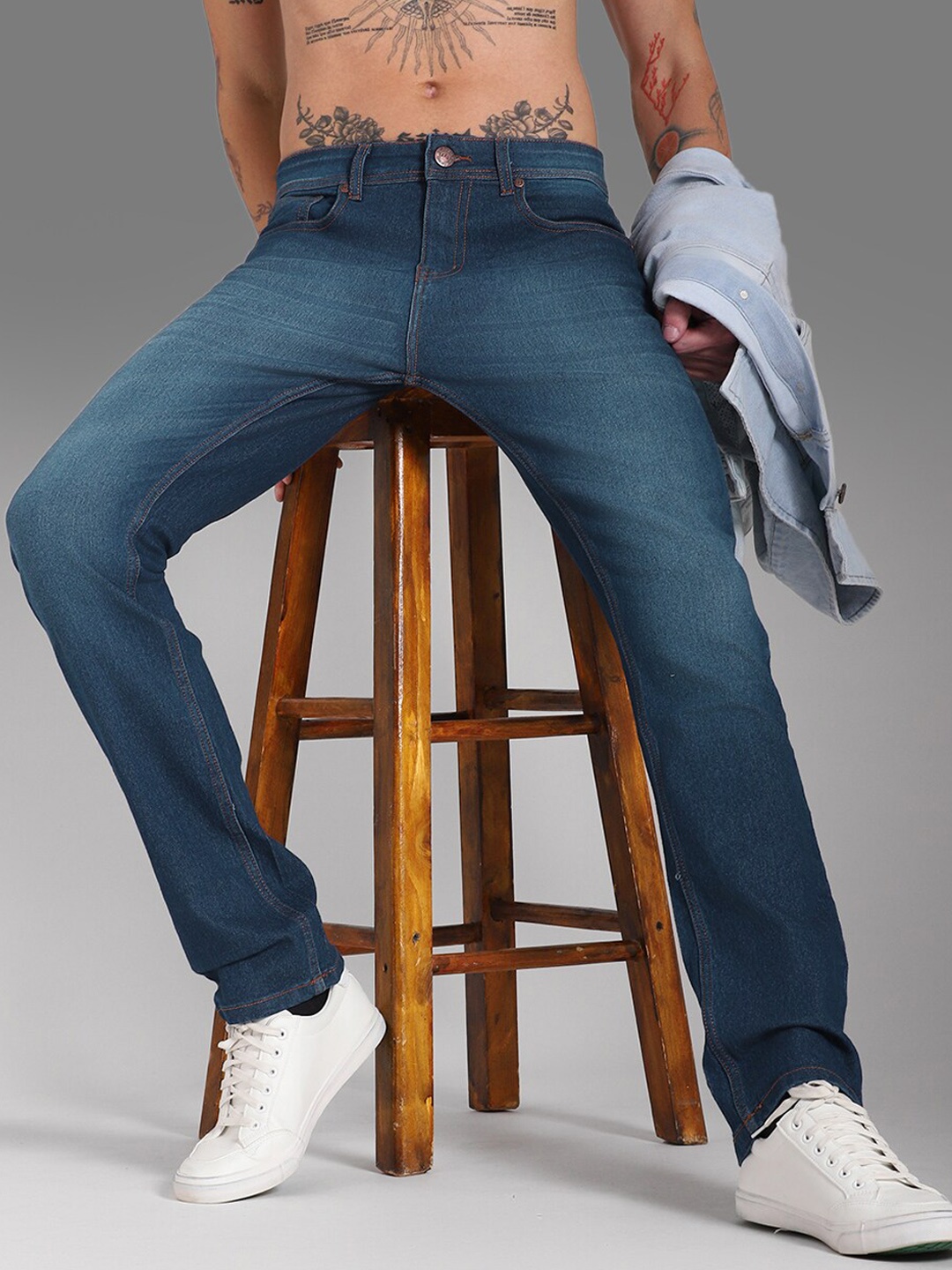 

High Star Men Slim Fit Mid-Rise Clean Look Light Fade Stretchable Jeans, Blue