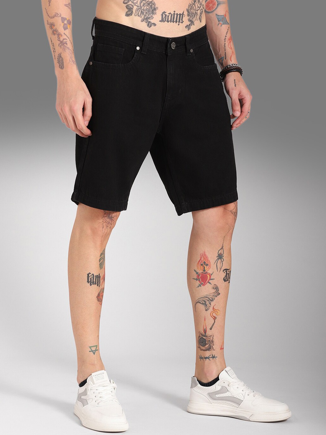 

High Star Men Mid-Rise Cotton Denim Shorts, Black