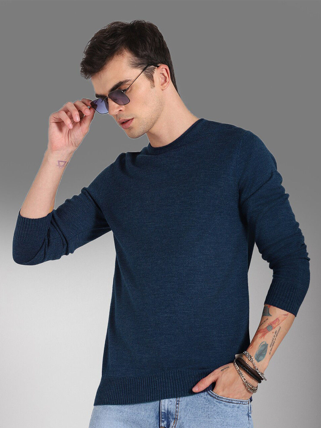 

High Star Round Neck Long Sleeves Acrylic Pullover Sweater, Blue