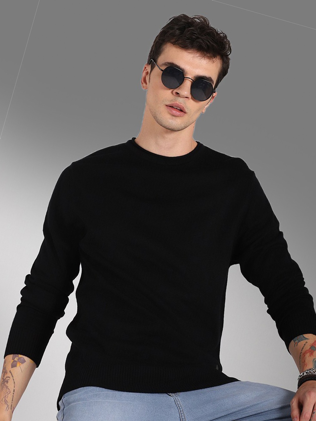 

High Star Round Neck Long Sleeves Acrylic Pullover Sweater, Black