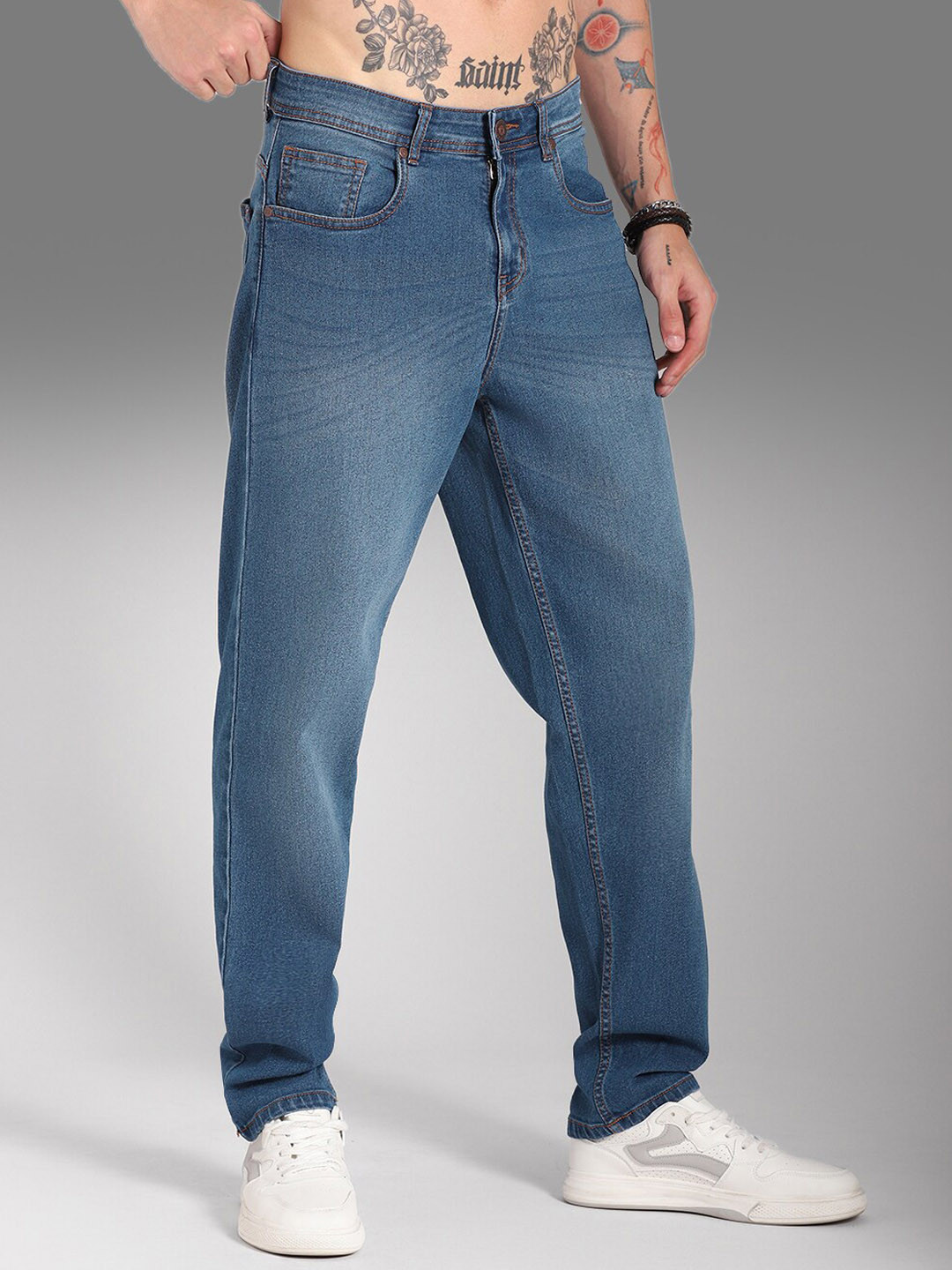 

High Star Men Relaxed Fit Mid-Rise Clean Look Light Fade Stretchable Jeans, Blue