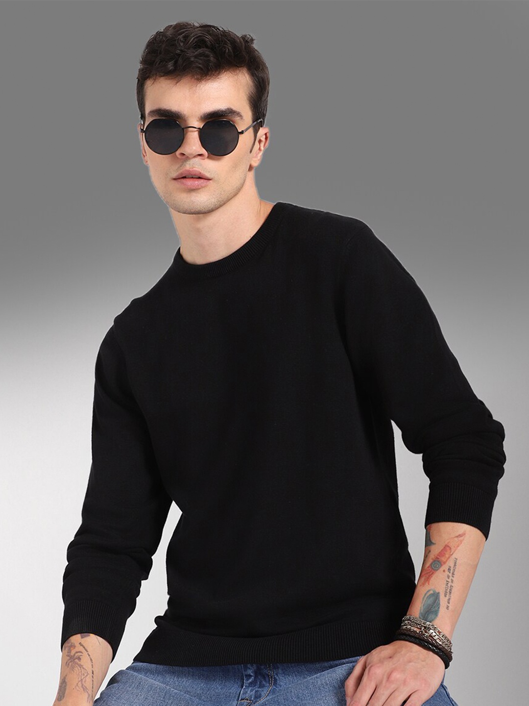 

High Star Round Neck Long Sleeves Cotton Pullover Sweater, Black