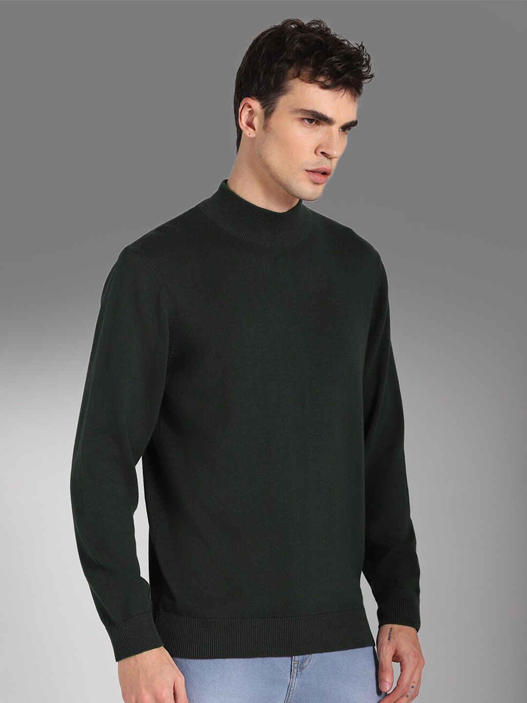 

High Star Mock Collar Long Sleeves Cotton Pullover Sweater, Olive