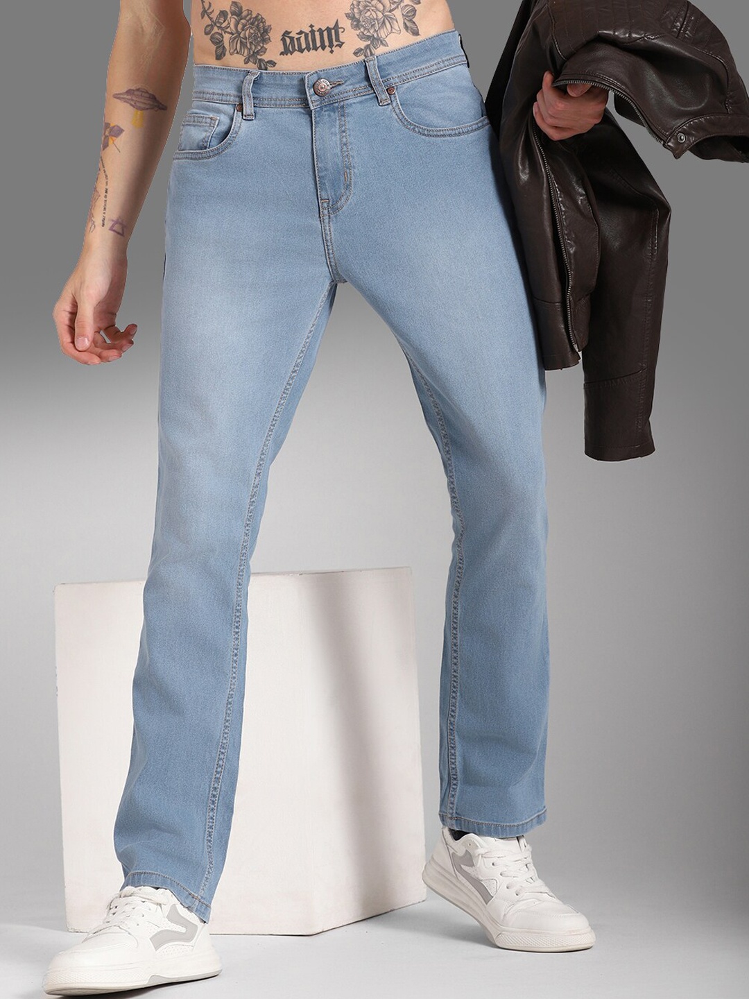 

High Star Men Slim Fit Mid-Rise Clean Look Light Fade Stretchable Jeans, Blue
