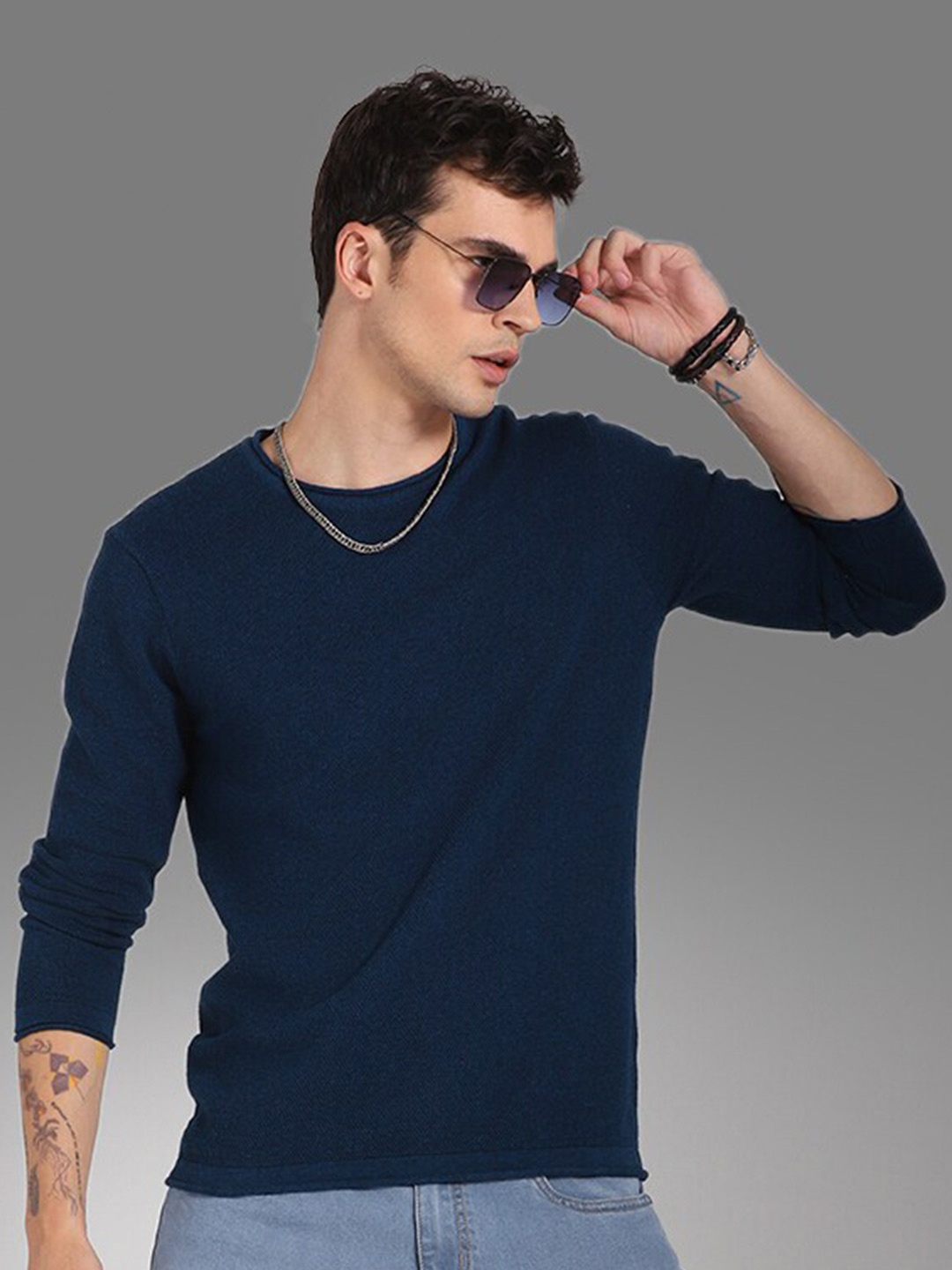 

High Star Round Neck Long Sleeves Cotton Pullover Sweater, Teal