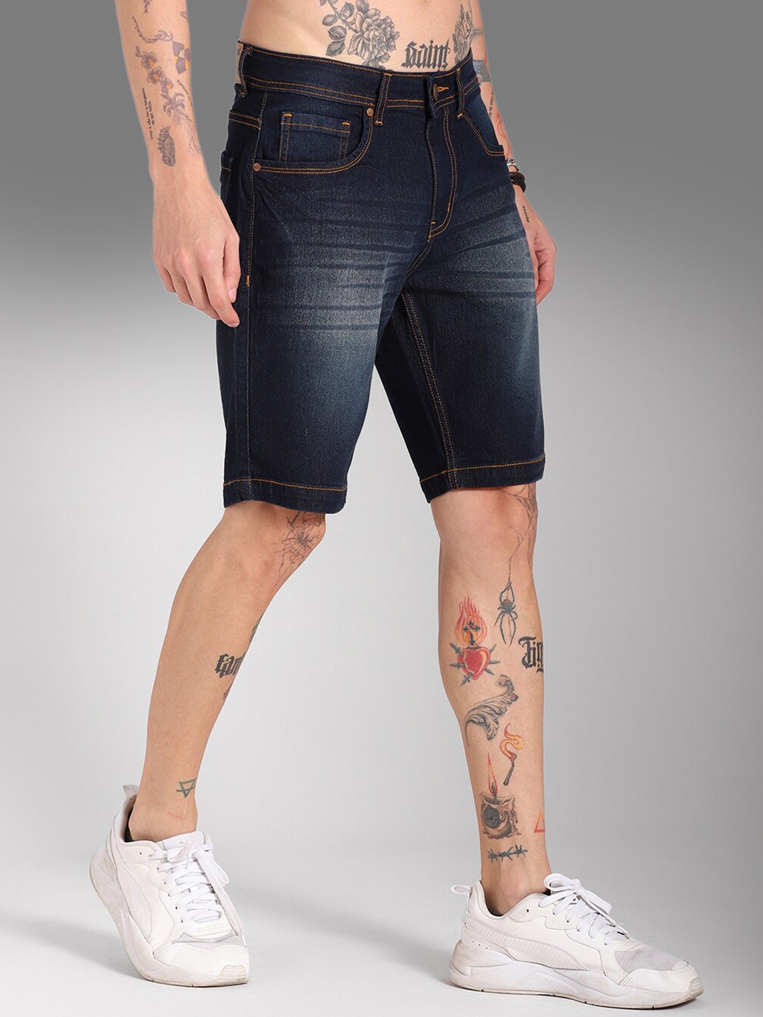 

High Star Men Washed Mid-Rise Cotton Denim Shorts, Blue
