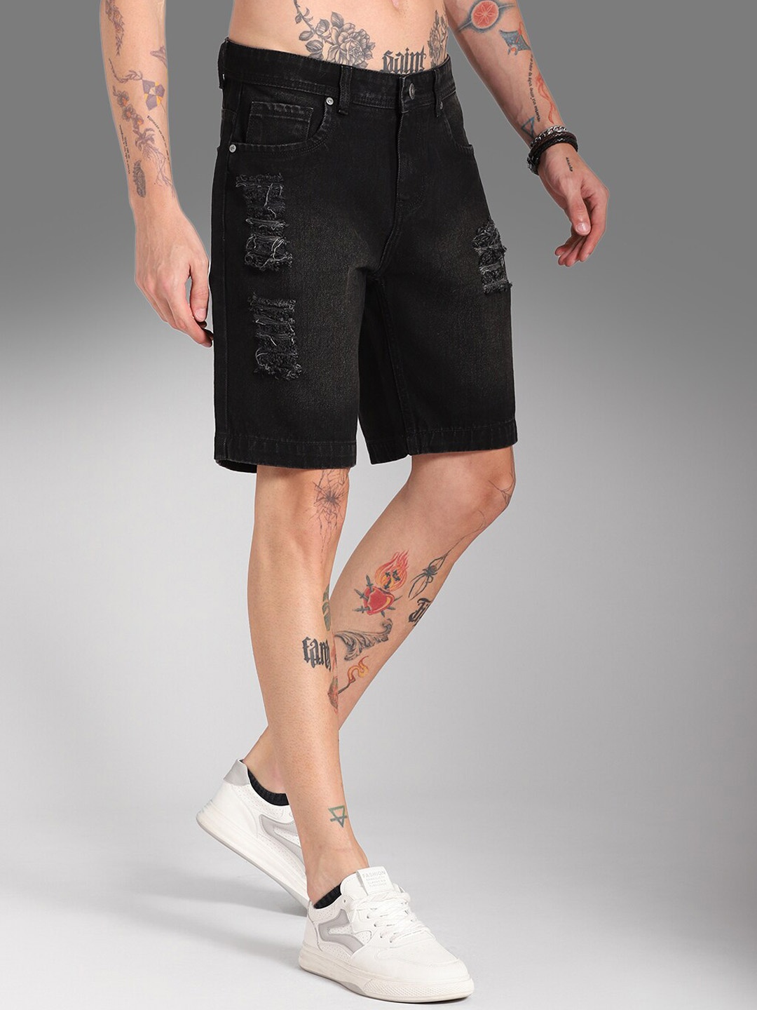 

High Star Men Distressed Mid-Rise Cotton Denim Shorts, Black