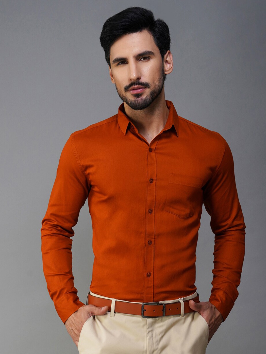 

Urban Scissors India Slim Fit Spread Collar Pure Cotton Formal Shirt, Orange