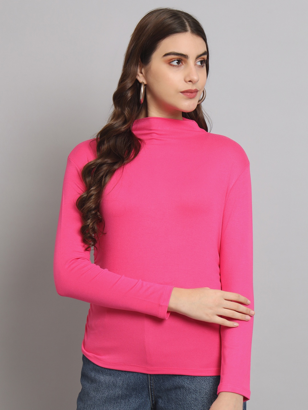 

VividArtsy High Neck Cotton Regular Top, Pink