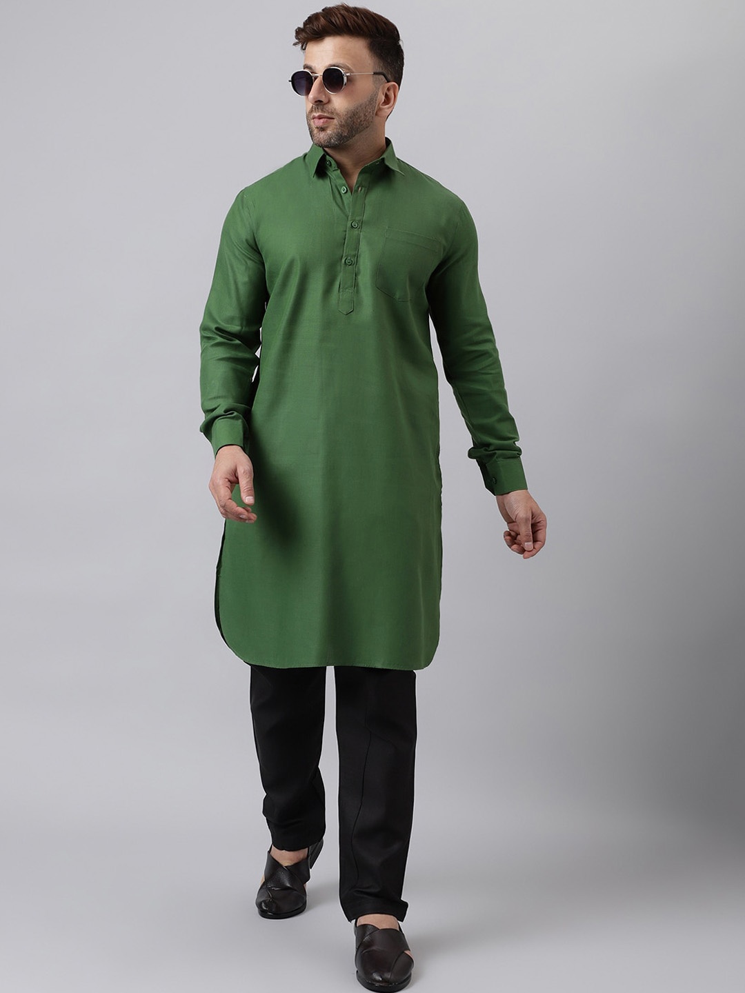 

Hangup Shirt Collar Kurta Pathani Kurta With Pyjamas, Green