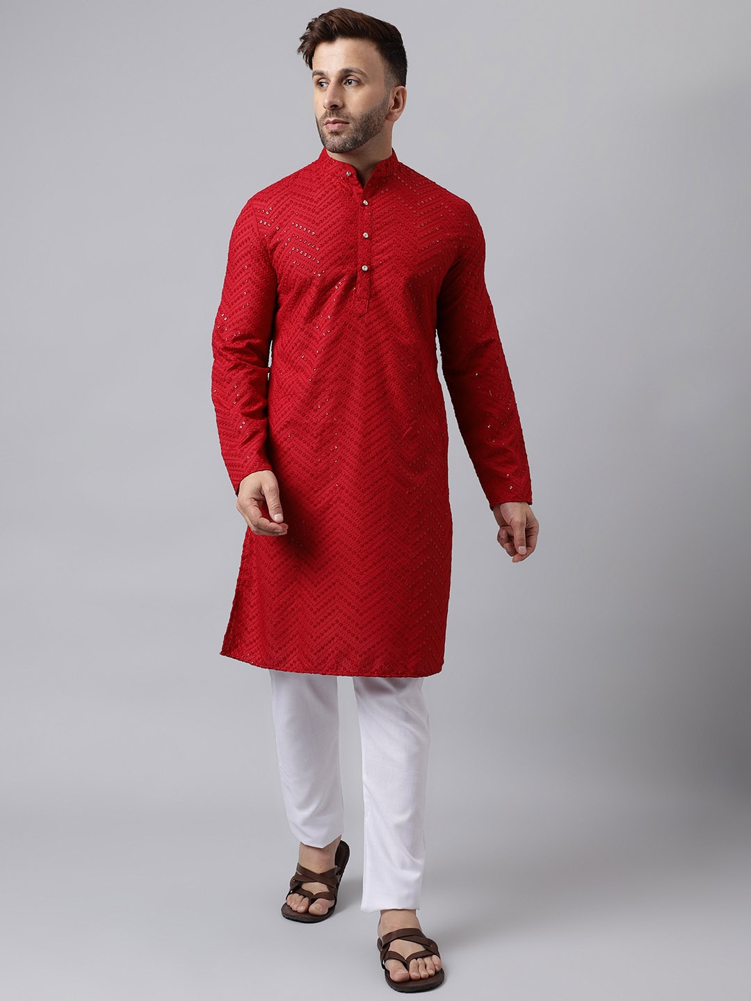 

Hangup Chevron Embroidered Sequined Straight Kurta with Pyjamas, Red