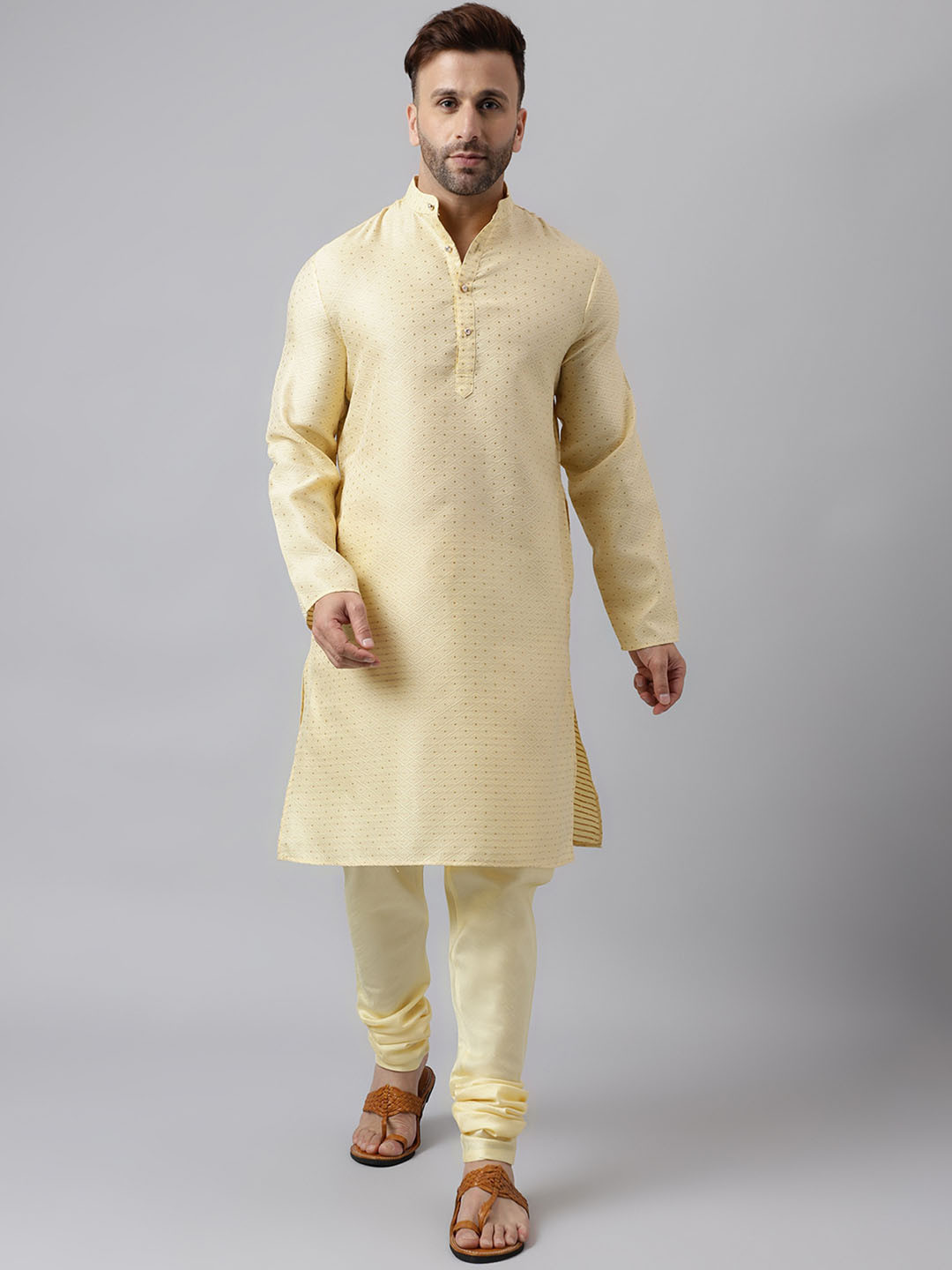 

Hangup Mandarin Collar Jacquard Kurta With Pyjamas, Cream