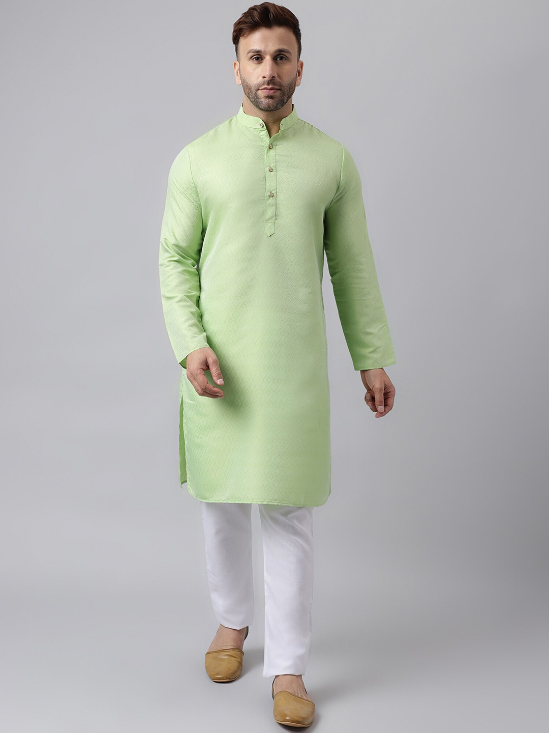 

Hangup Geometric Woven Design Band Collar Straight Kurta with Pyjama, Green