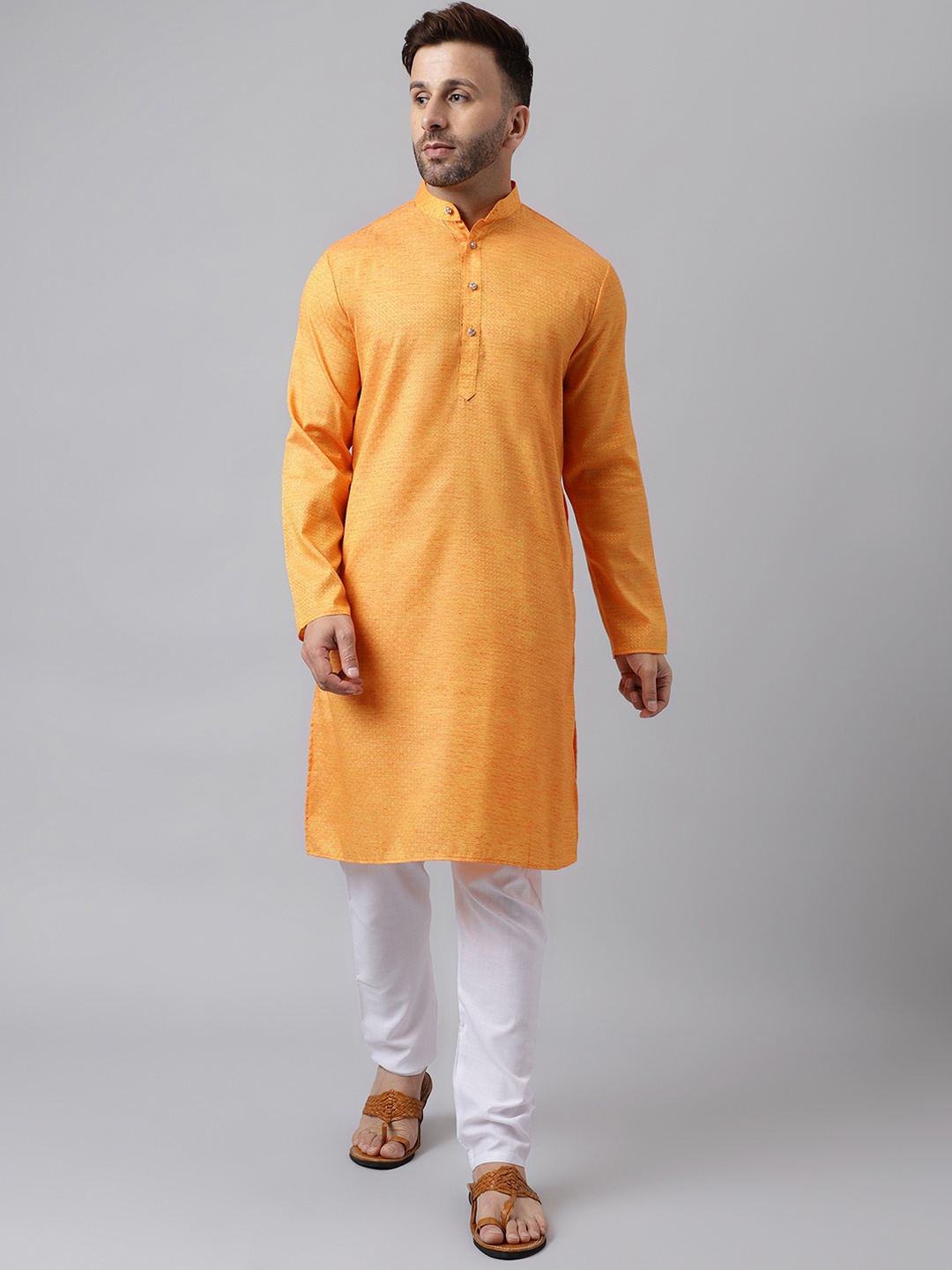 

Hangup Geometric Woven Design Straight Kurta with Pyjamas, Orange