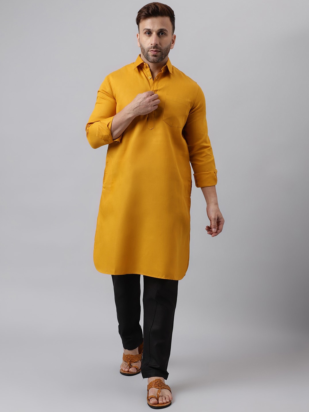 

Hangup Shirt Collar Pathani Kurta with Pyjama, Mustard