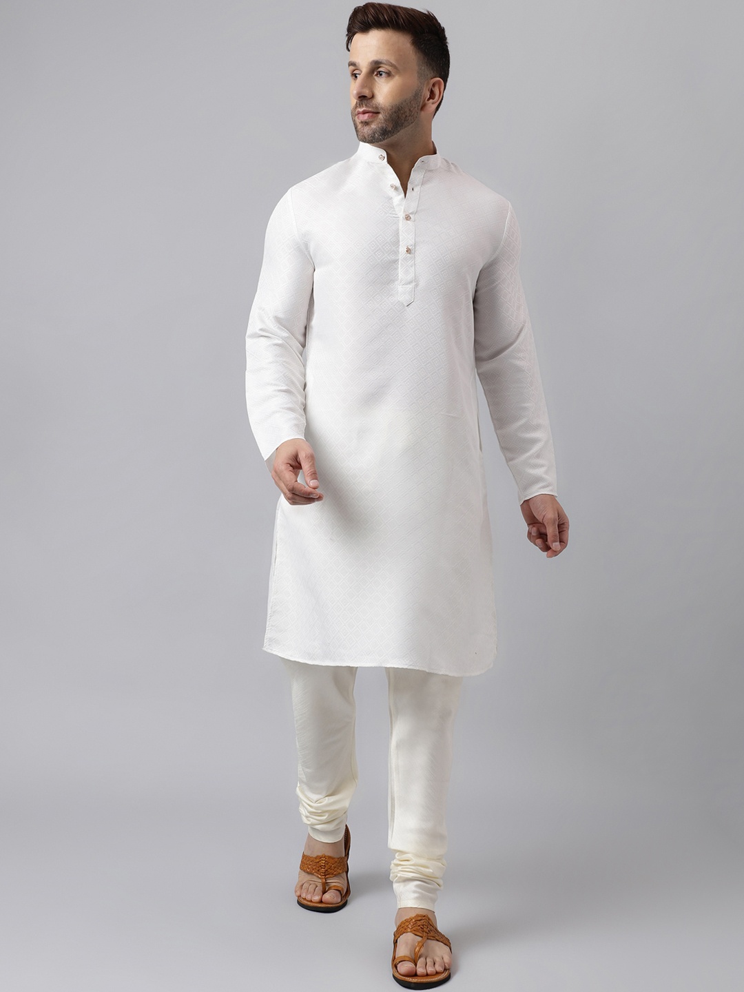 

Hangup Geometric Woven Design Straight Kurta with Pyjamas, White