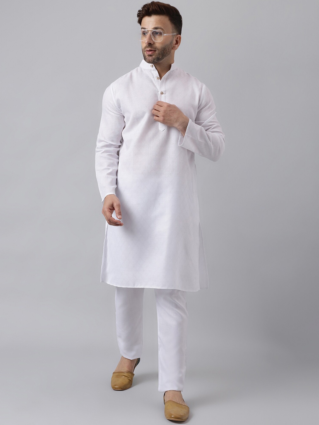 

Hangup Mandarin Collar Kurta with Pyjamas, White