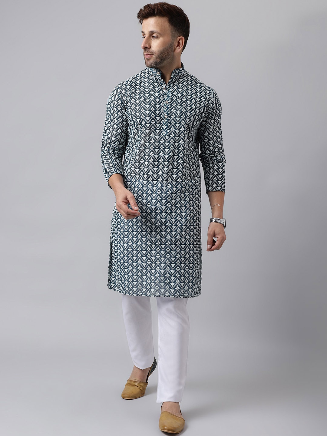 

Hangup Geometric Printed Straight Kurta with Pyjamas, Green