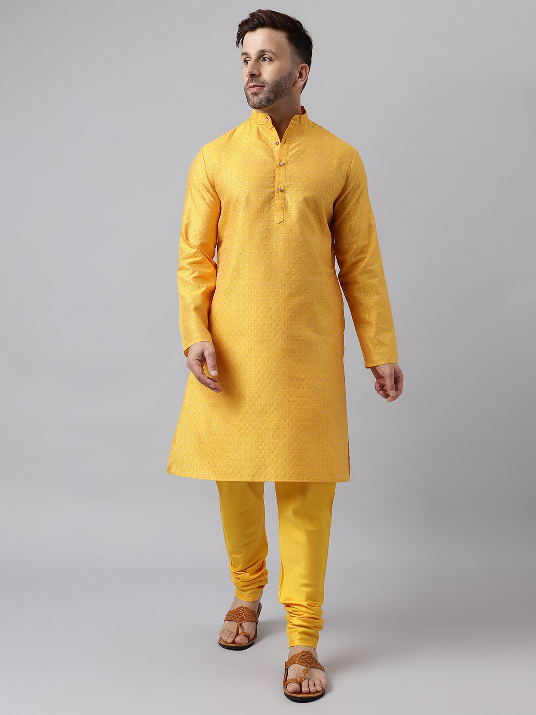 

Hangup Geometric Woven Design Band Collar Straight Kurta with Churidar, Yellow