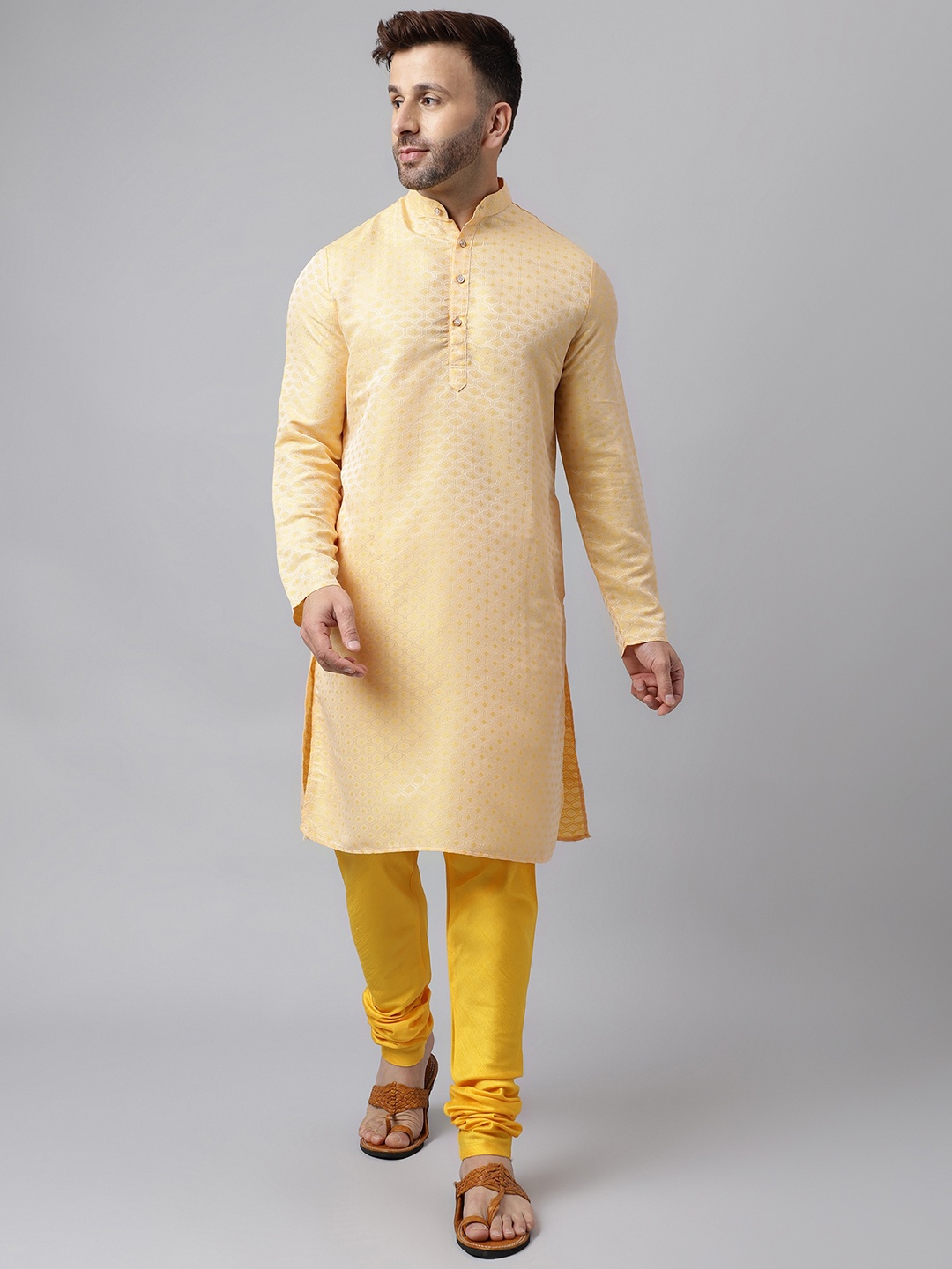 

Hangup Geometric Woven Design Straight Kurta with Pyjamas, Yellow