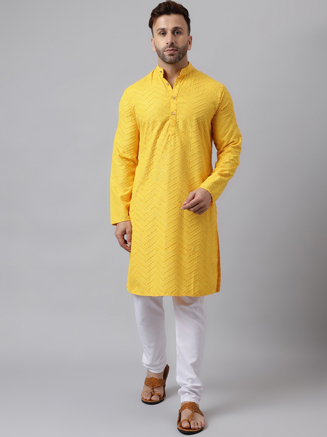 

Vgyaan Geometric Embroidered Straight Kurta with Pyjamas, Yellow