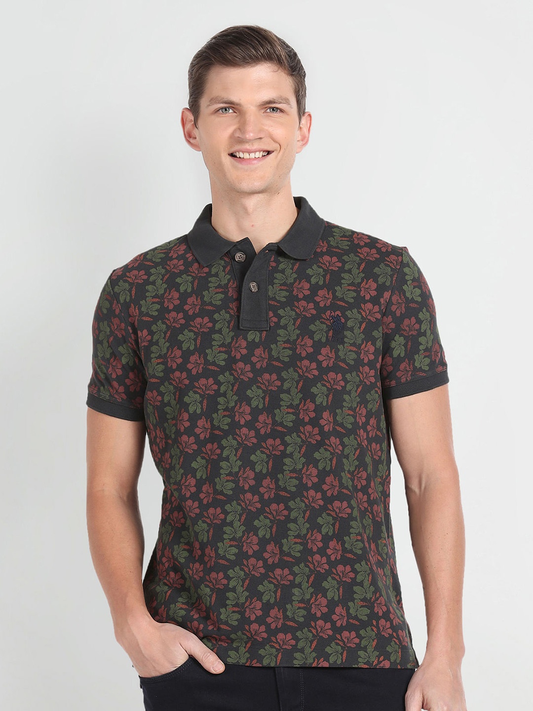 

U.S. Polo Assn. Denim Co. Floral Printed Polo Collar Slim Fit Cotton T-shirt, Charcoal