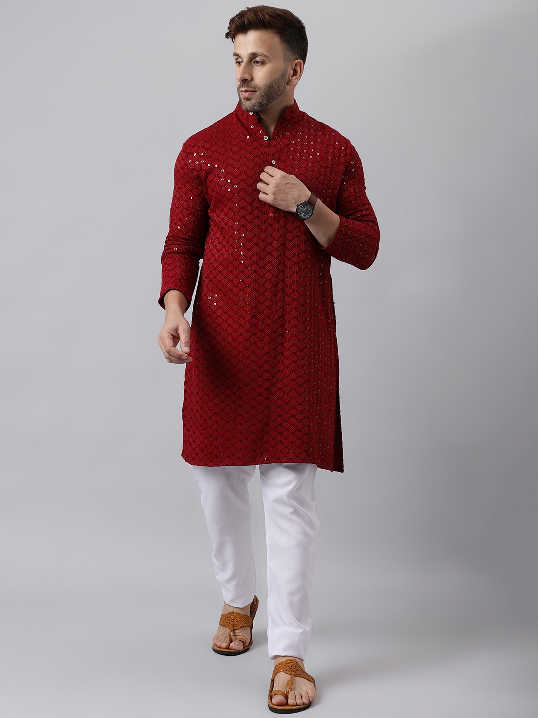 

hangup trend Ethnic Embroidered Mandarin Collar Straight Kurta with Pyjamas, Red