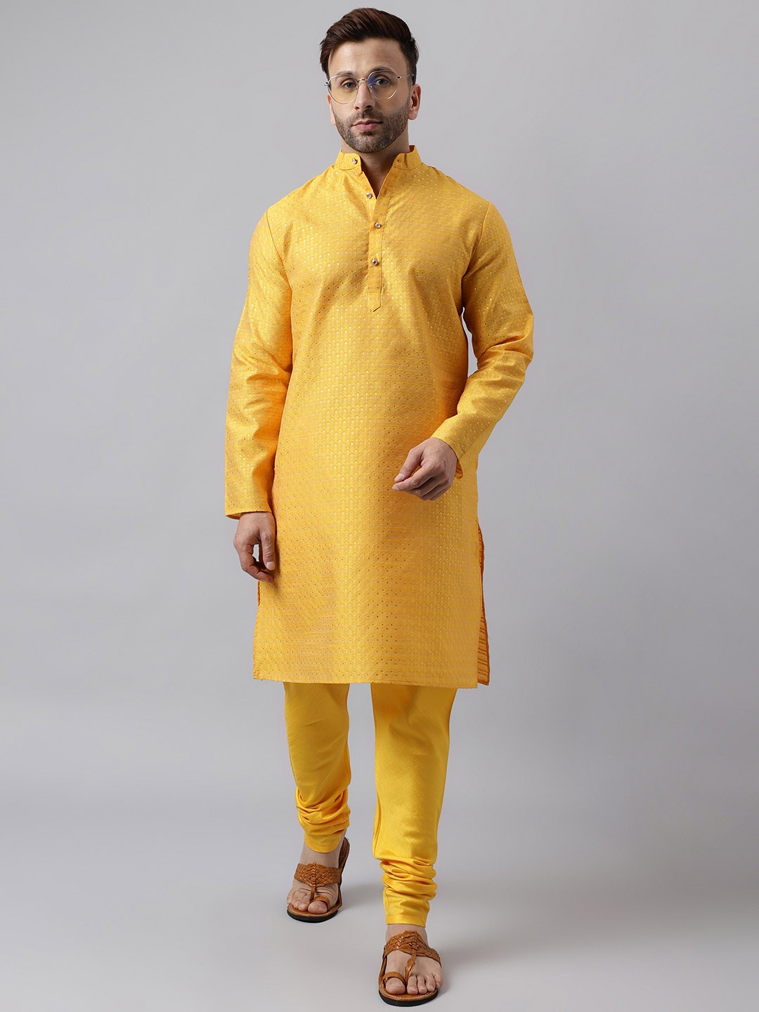

hangup trend Geometric Woven Design Mandarin Collar Sequinned Kurta With Pyjamas, Yellow