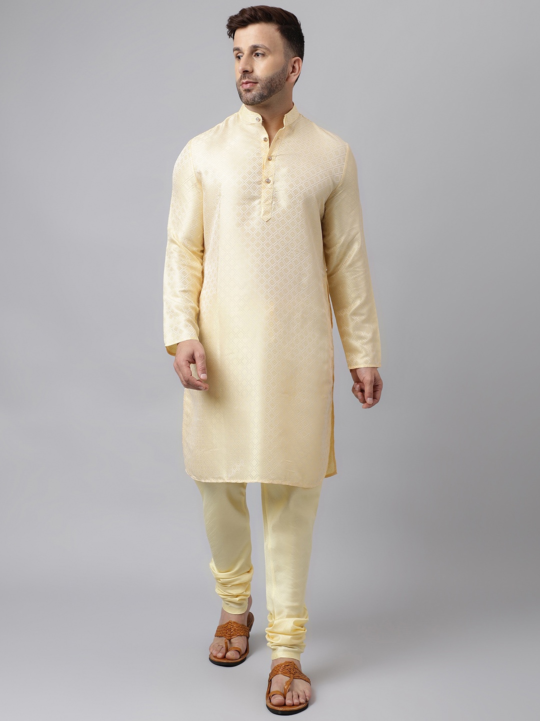

hangup trend Geometric Woven Design Band Collar Straight Kurta with Pyjama, Yellow