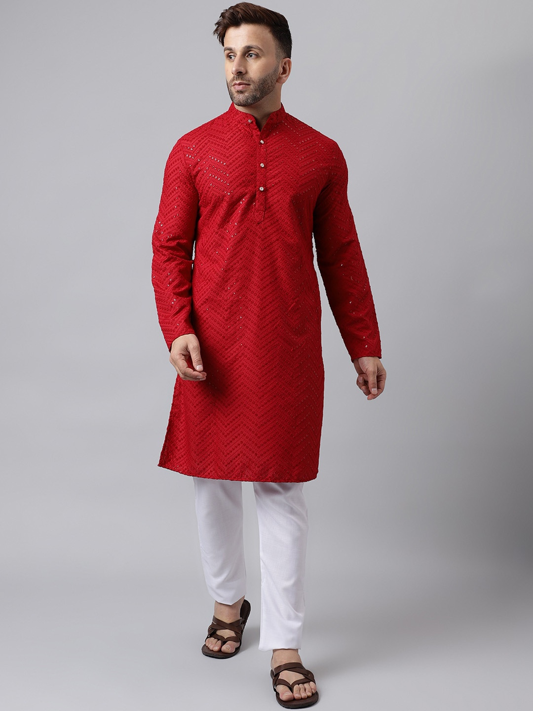 

hangup trend Geometric Embroidered Mandarin Collar Sequinned Kurta With Pyjamas, Red