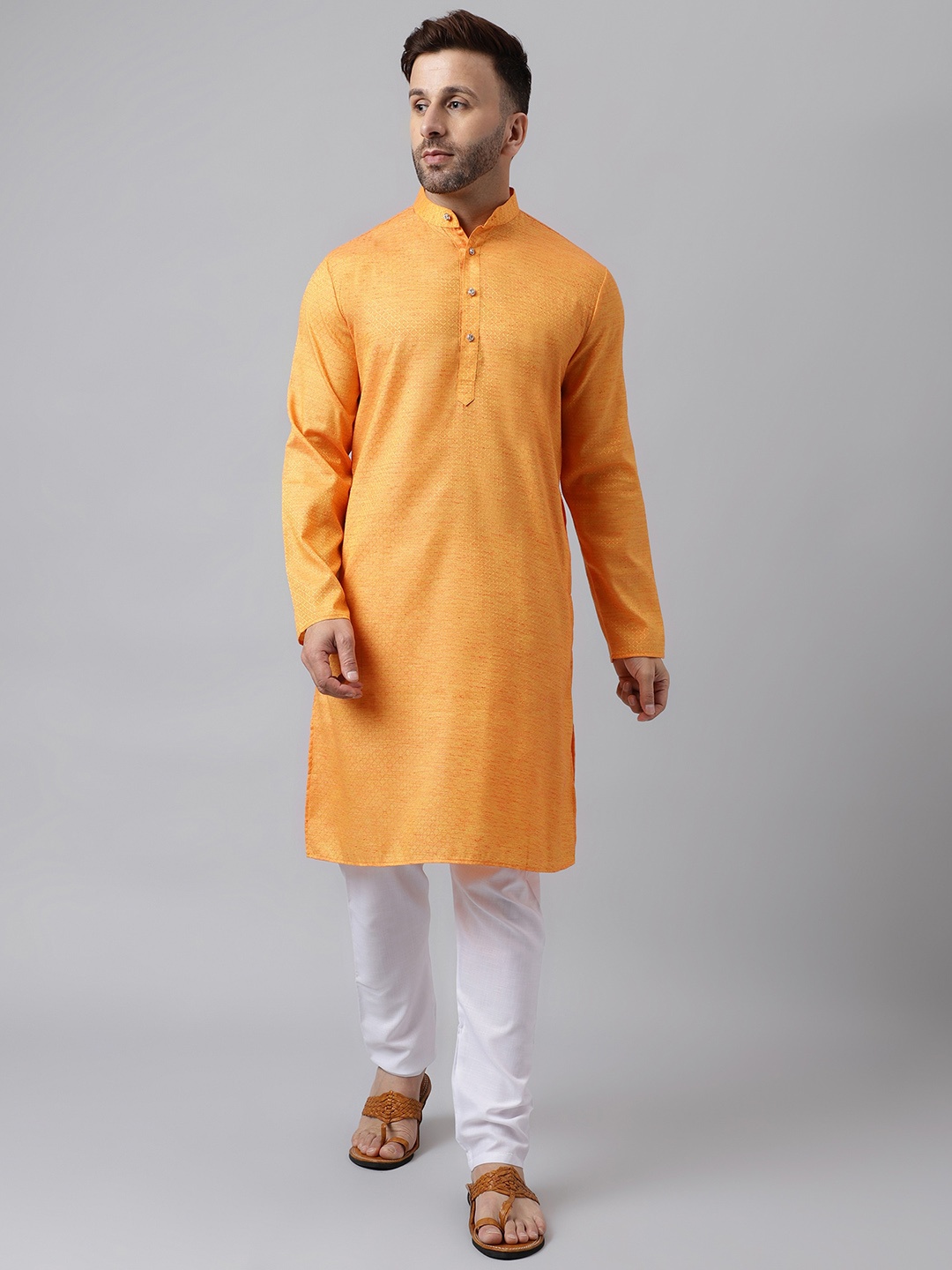 

hangup trend Geometric Woven Design Mandarin Collar Kurta With Pyjamas, Orange