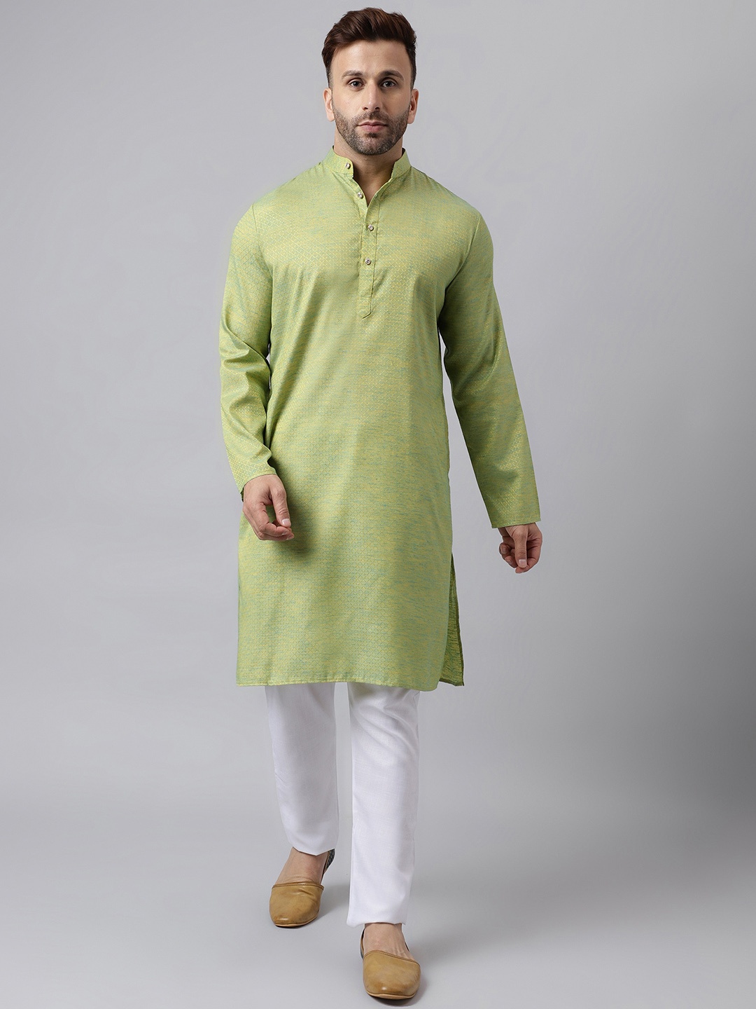 

hangup trend Geometric Woven Design Mandarin Collar Kurta With Pyjamas, Green