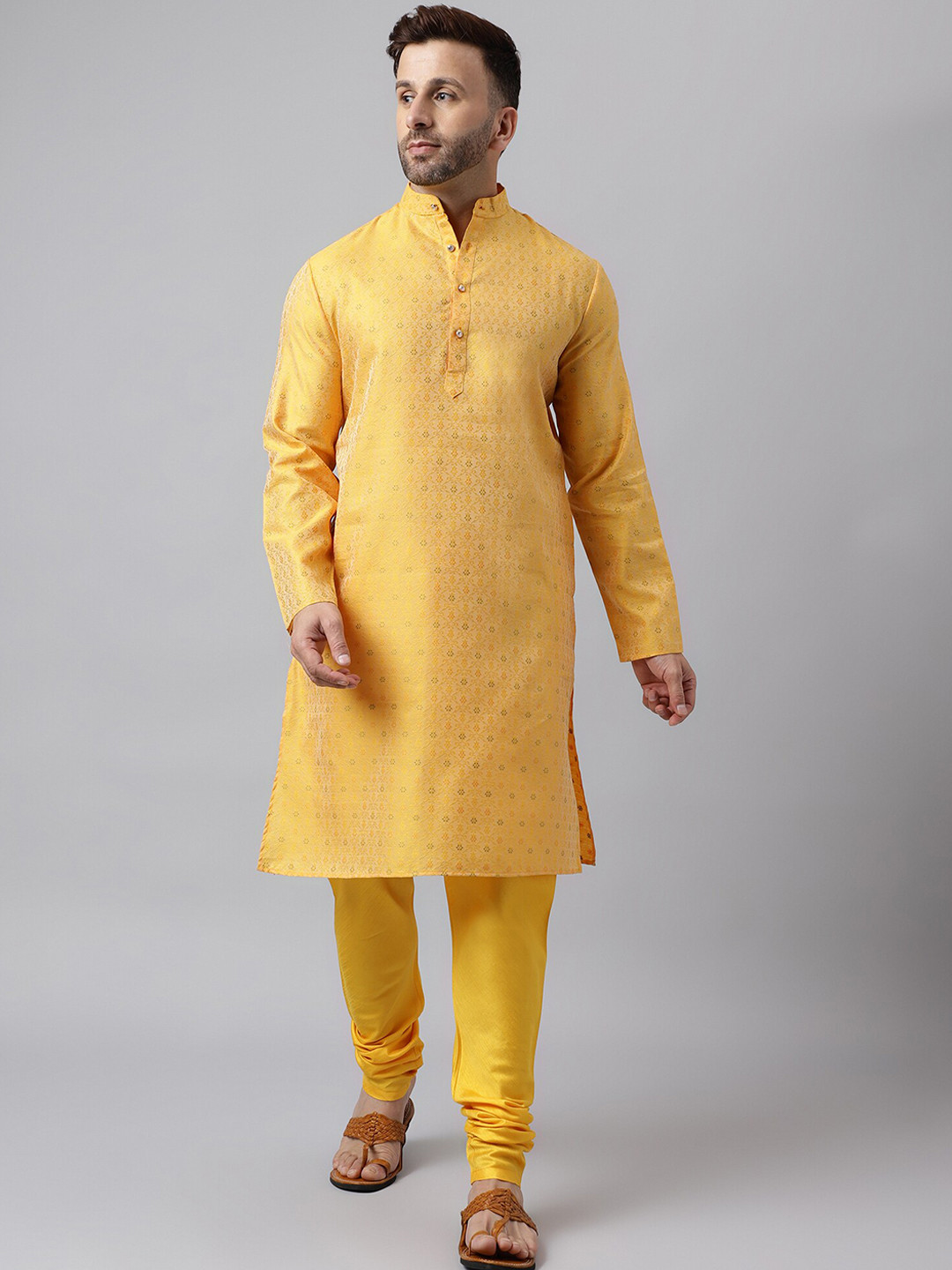 

hangup trend Floral Woven Design Band Collar Jacquard Kurta With Pyjamas, Yellow