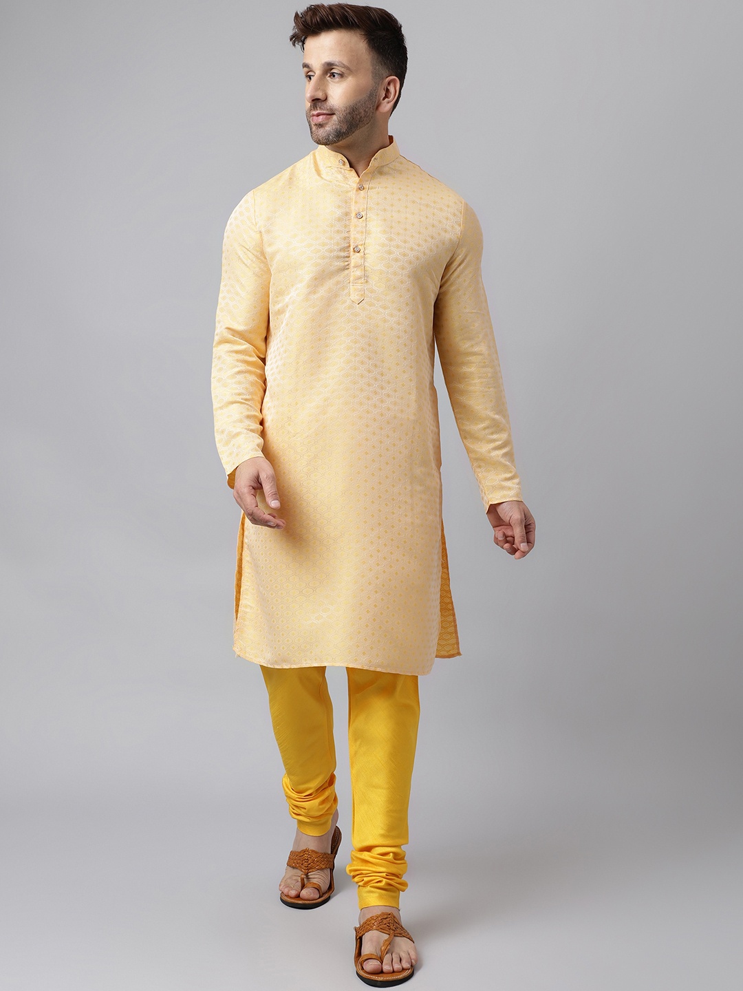 

hangup trend Ethnic Motifs Woven Design Band Collar Kurta With Pyjamas, Cream