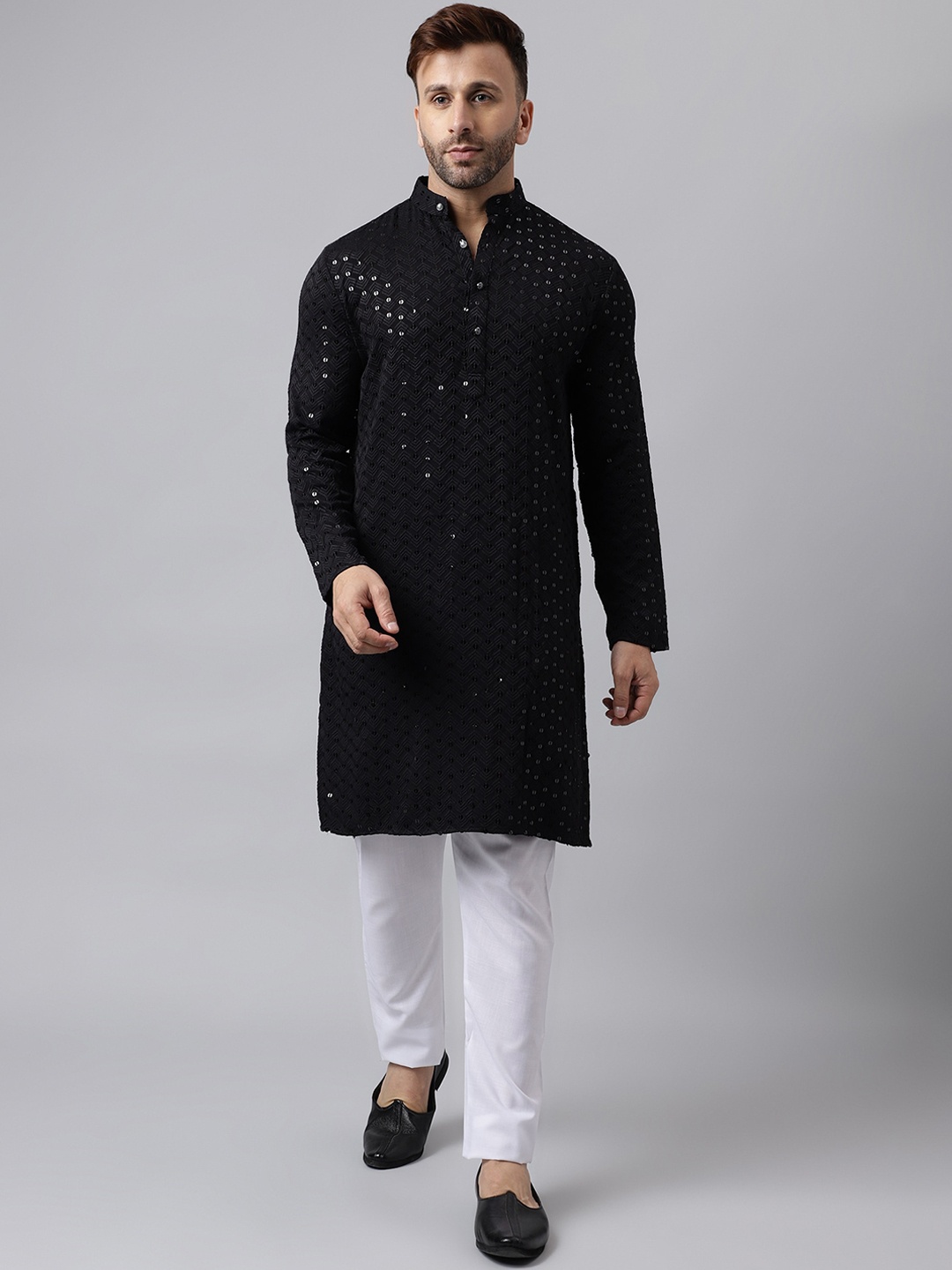 

hangup trend Geometric Embroidered Band Collar Sequinned Straight Kurta with Pyjama, Black