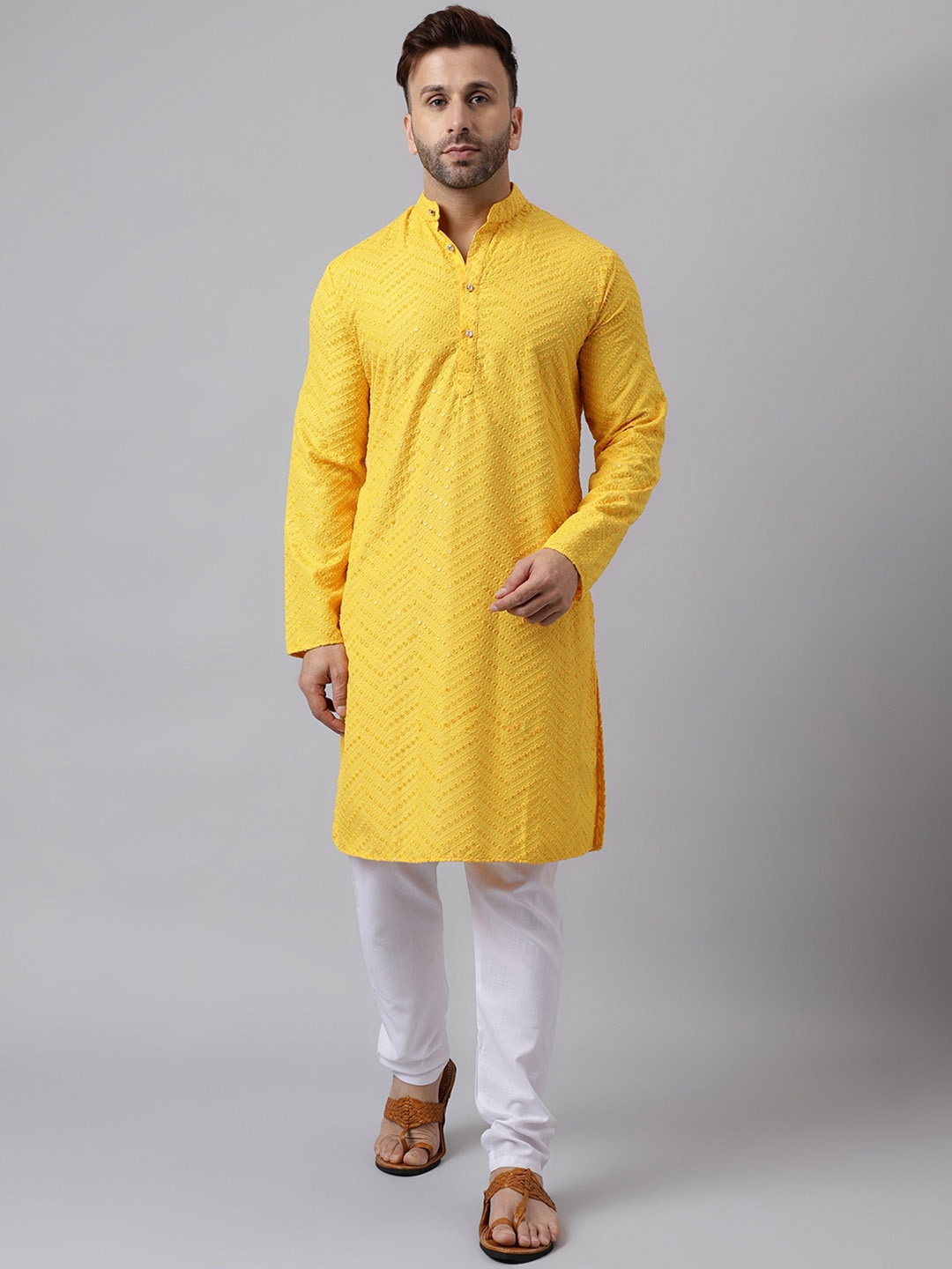 

hangup trend Chevron Embroidered Band Collar Sequinned Straight Kurta with Pyjama, Yellow