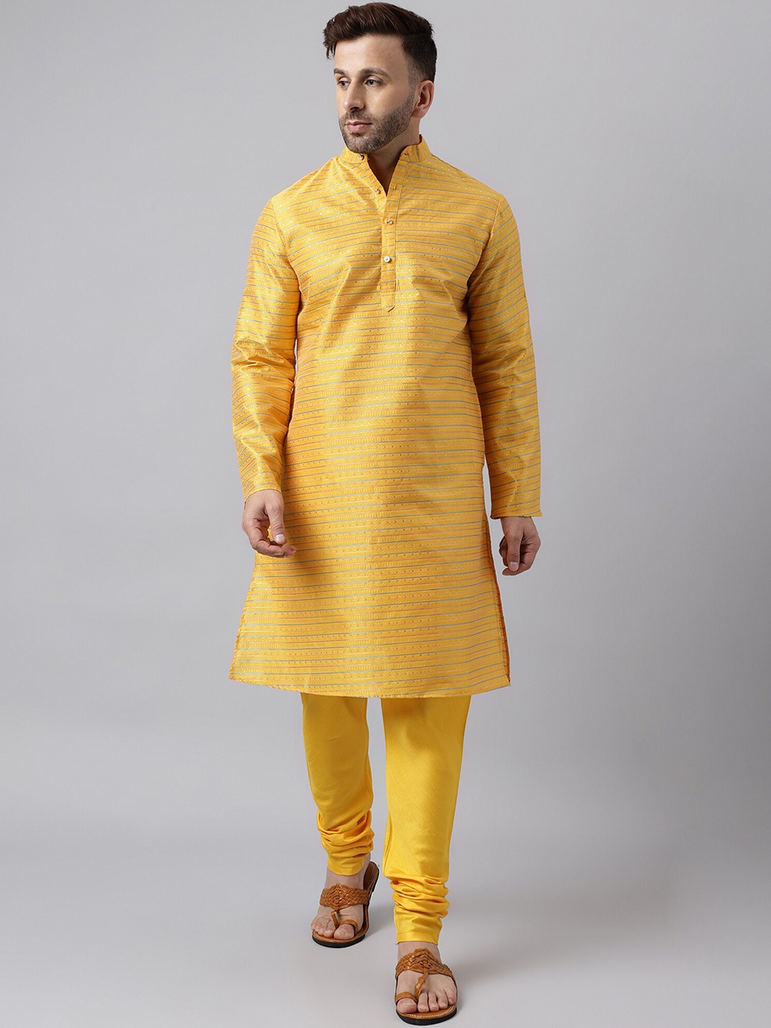 

hangup trend Striped Band Collar Straight Kurta with Churidar, Yellow