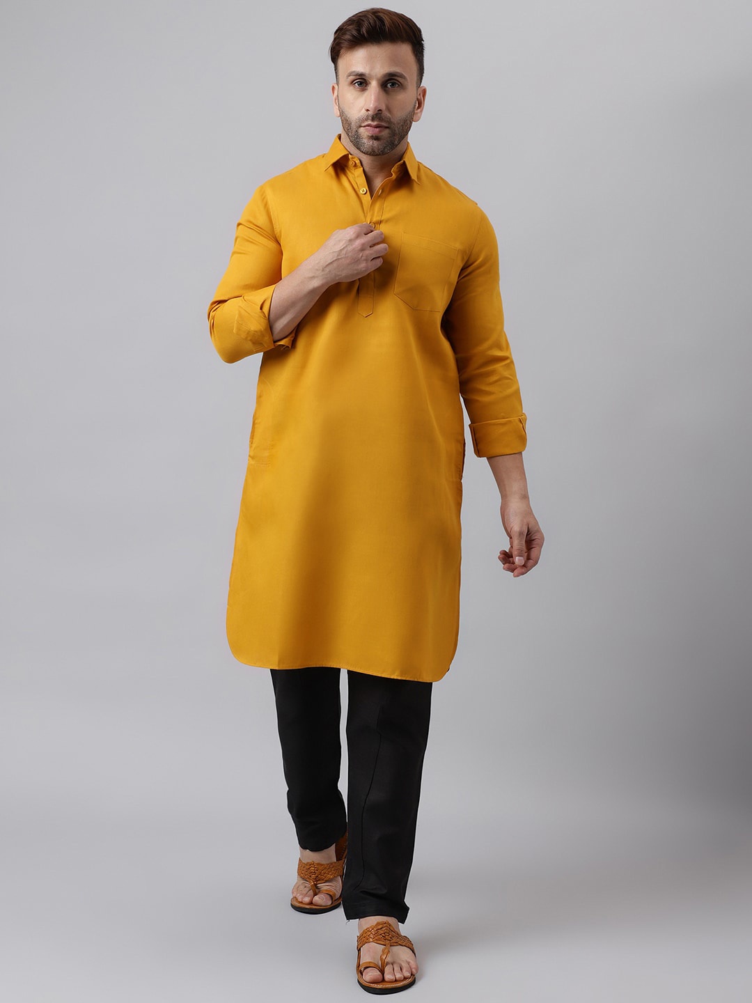 

hangup trend Shirt Collar Pathani Kurta with Pyjama, Mustard