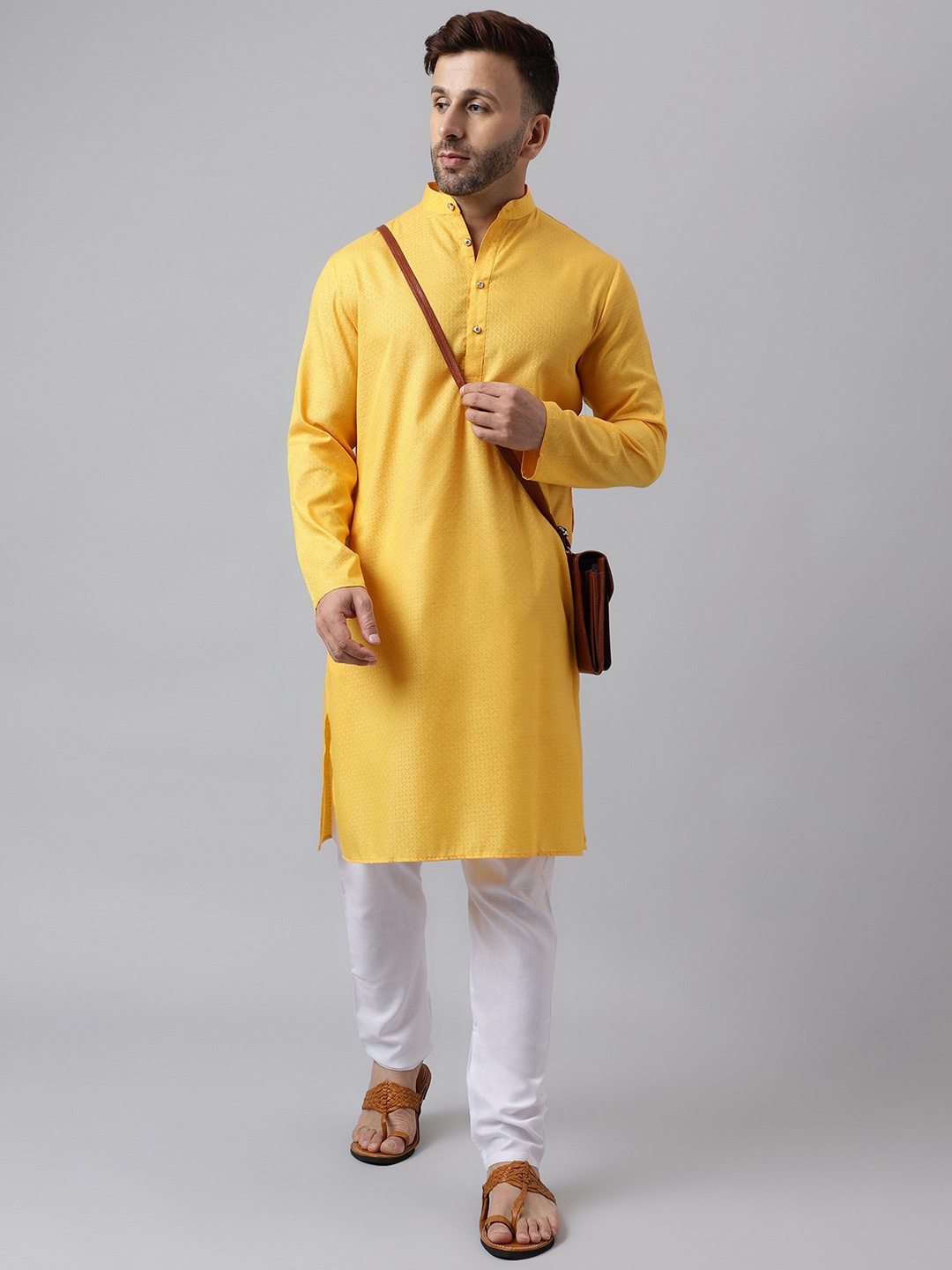 

hangup trend Geometric Woven Design Band Collar Jacquard Kurta With Pyjamas, Yellow